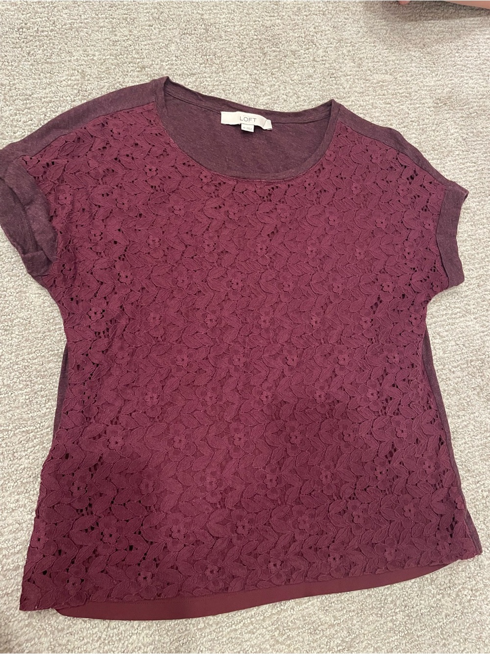 LOFT Plum Lace Front Short Sleeve Tee